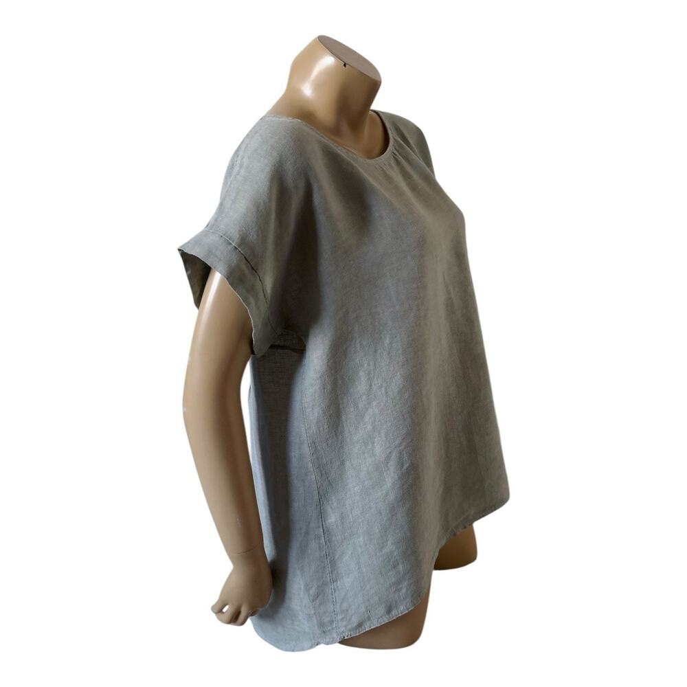 Terzo Millennio Olive Linen Tunic Top Short Sleeve Size Medium Back Button Italy - Picture 3 of 8
